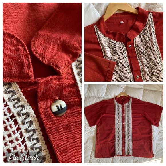 The Unbranded Brand Other - Guayabera Mexican Shirt Cotton Linen Mens 3X Brick Red Boho Embroidery Festival